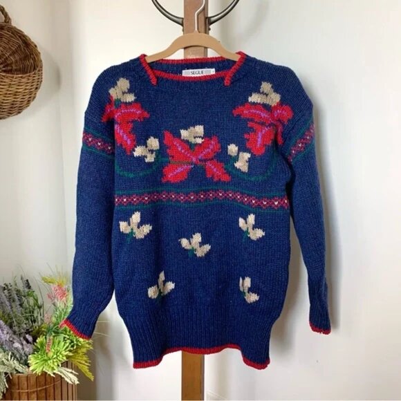 Vintage Shetland Wool Sweater Floral - Picture 1 of 9